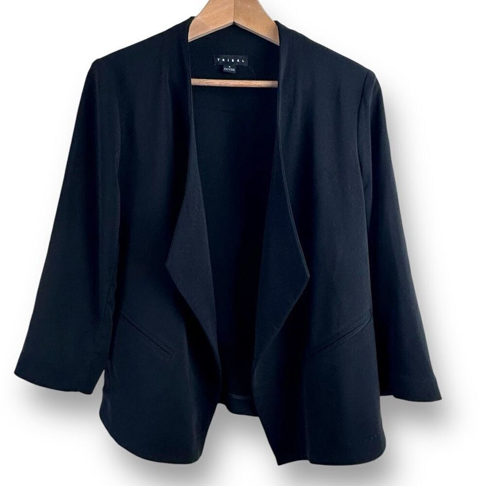 Tribal Women's 8 Open Front Blazer Jacket Black Relaxed Fit Career Wear Office‎